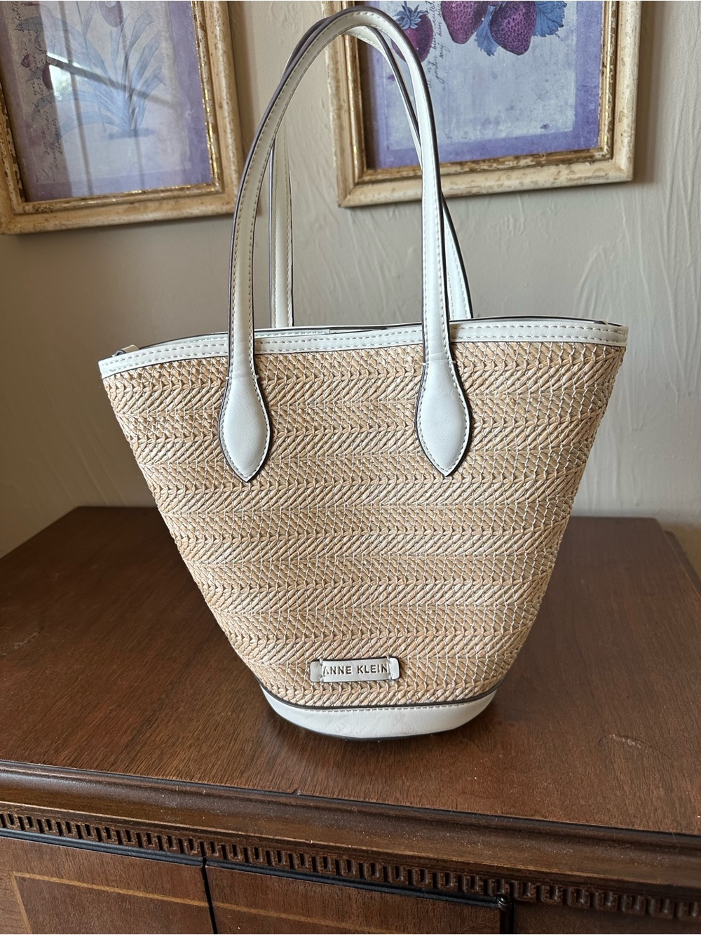 Anne Klein Natural Straw Tote with Beige Trim